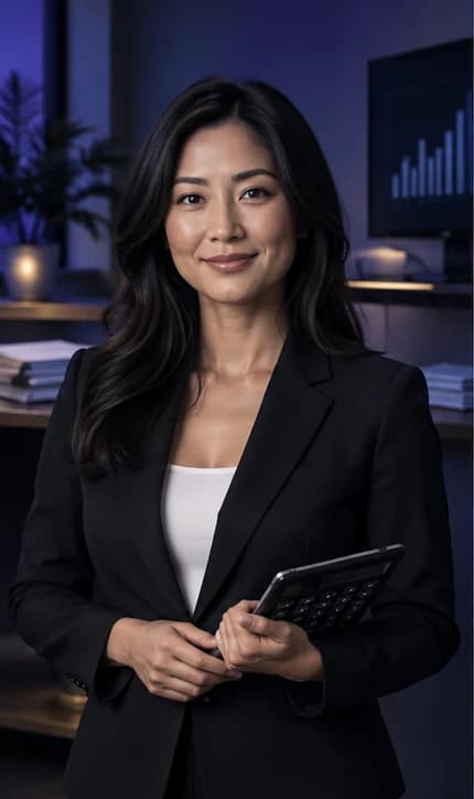 French Accountant AI avatar presenter in a professional finance setting