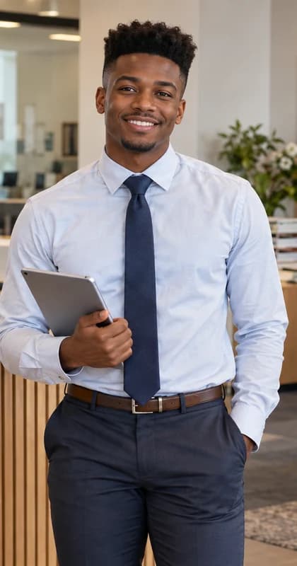 Chinese Administrative Assistant AI avatar presenter in a professional business setting
