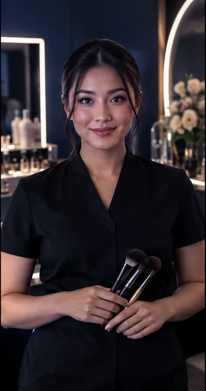 French Beauty Consultant AI avatar presenter in a professional beauty setting