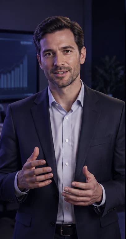 French Business Consultant AI avatar presenter in a professional business setting