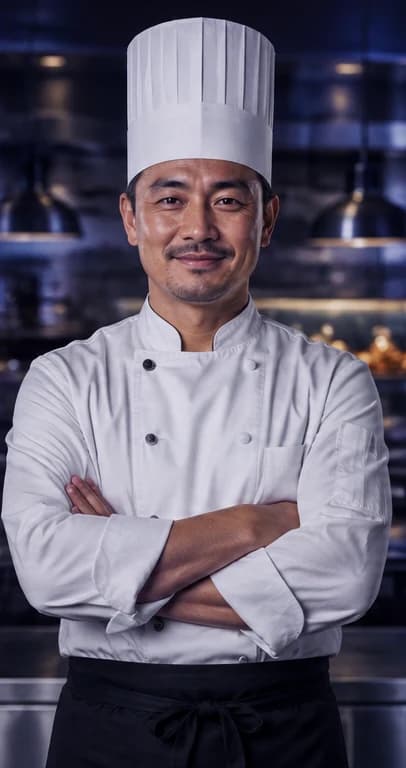 French Chef AI avatar presenter in a professional hospitality setting