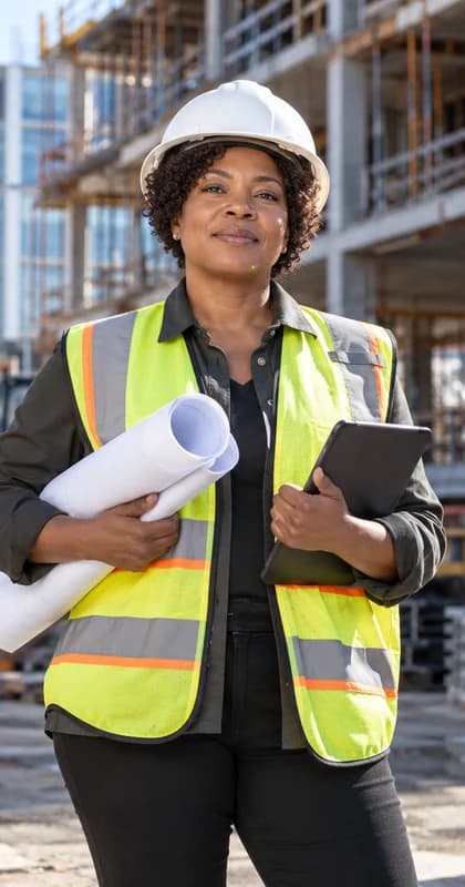 German Construction Manager AI avatar presenter in a professional engineering setting
