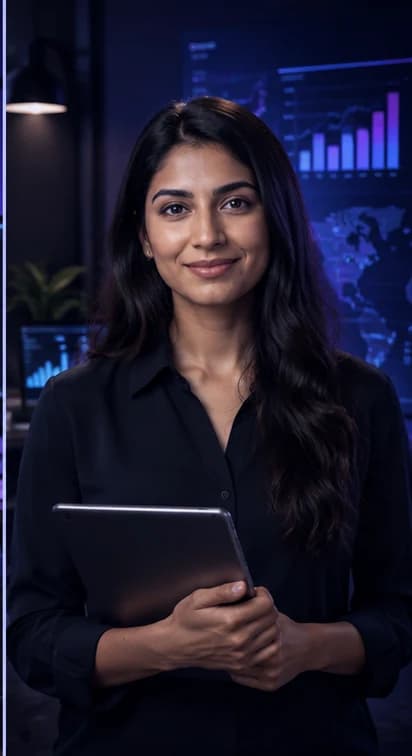 Chinese Data Analyst AI avatar presenter in a professional technology setting