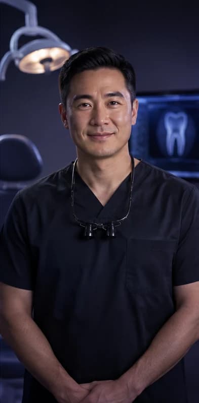 Korean Dentist AI avatar presenter in a professional healthcare setting