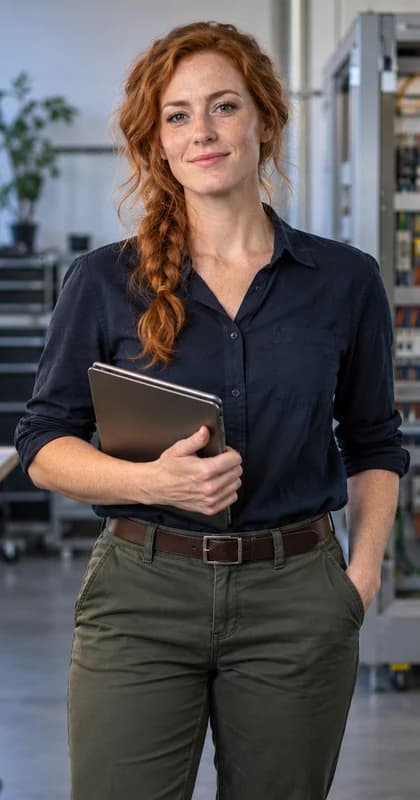 French Electrical Engineer AI avatar presenter in a professional engineering setting