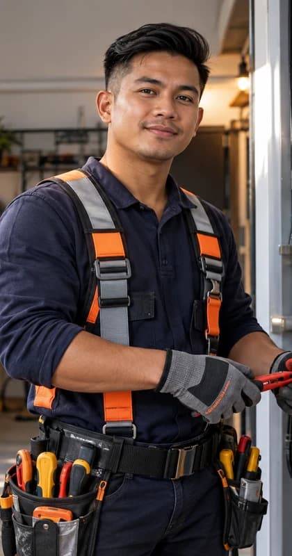 German Electrician AI avatar presenter in a professional skilled trades setting