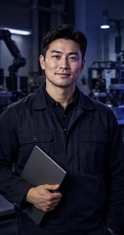 English Engineer AI avatar presenter in a professional engineering setting