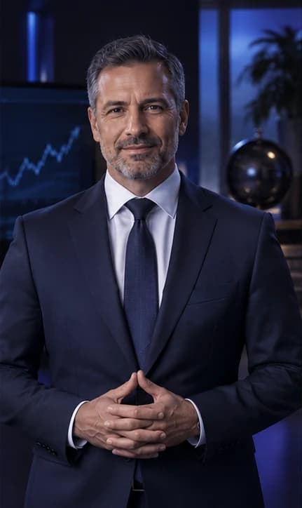 German Financial Advisor AI avatar presenter in a professional finance setting