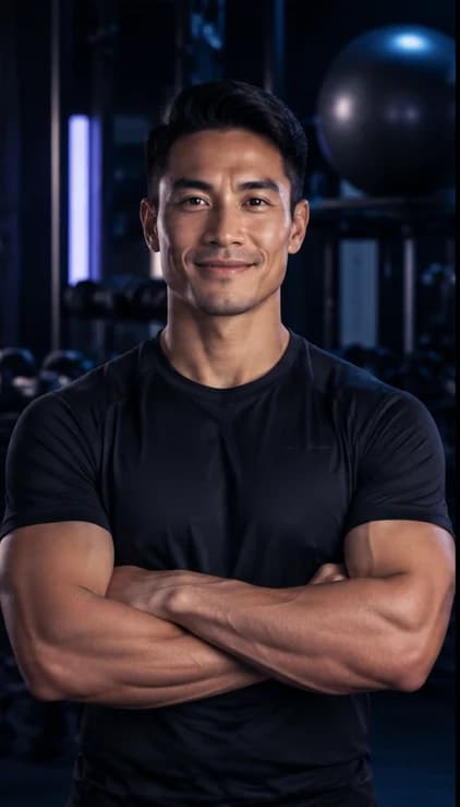 Chinese Fitness Trainer AI avatar presenter in a professional wellness setting