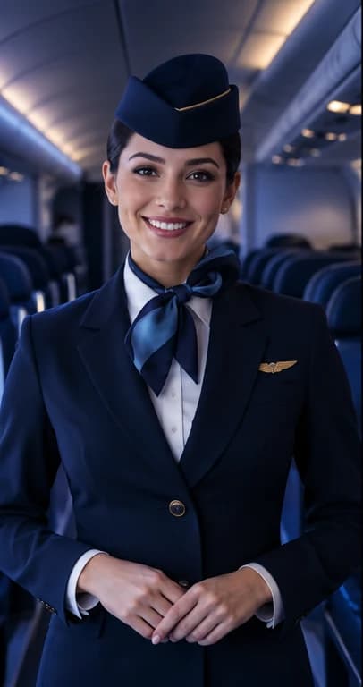 German Flight Attendant AI avatar presenter in a professional hospitality setting