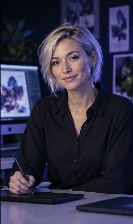 French Graphic Designer AI avatar presenter in a professional creative setting