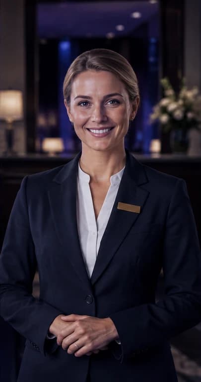 French Hotel Manager AI avatar presenter in a professional hospitality setting