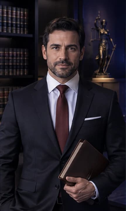 French Lawyer AI avatar presenter in a professional legal setting