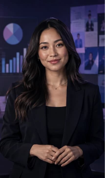 English Marketing Manager AI avatar presenter in a professional marketing setting