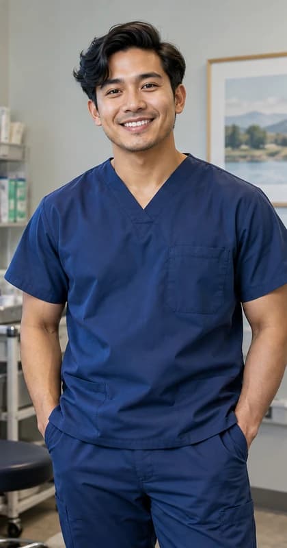 French Medical Assistant AI avatar presenter in a professional healthcare setting