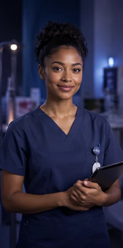 French Nurse AI avatar presenter in a professional healthcare setting