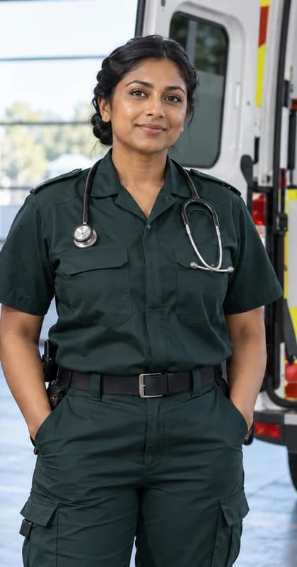 German Paramedic AI avatar presenter in a professional healthcare setting
