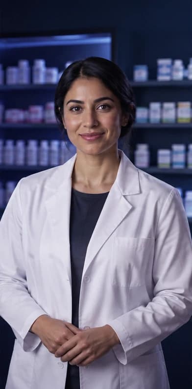 Chinese Pharmacist AI avatar presenter in a professional healthcare setting
