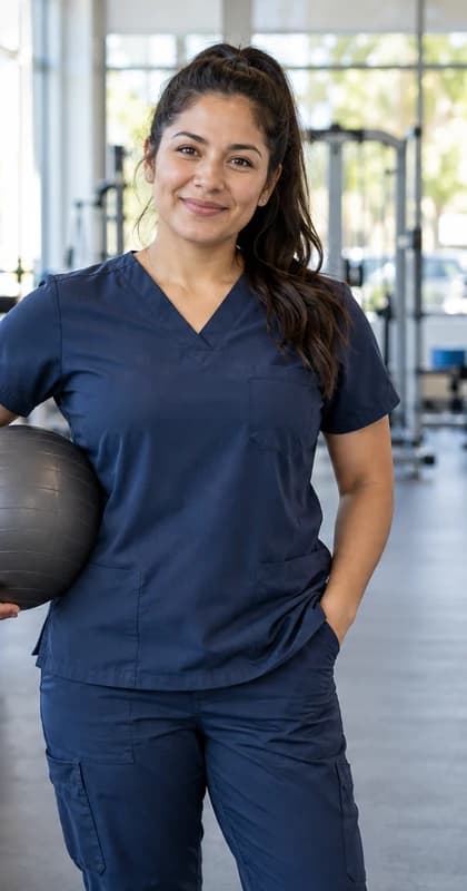 German Physical Therapist AI avatar presenter in a professional healthcare setting