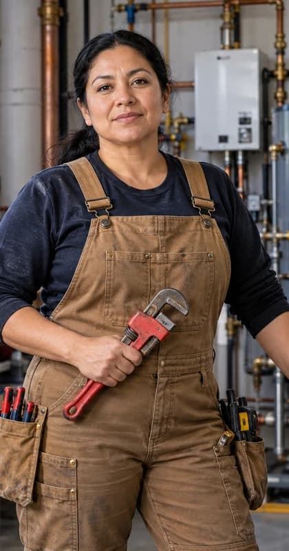 French Plumber AI avatar presenter in a professional skilled trades setting