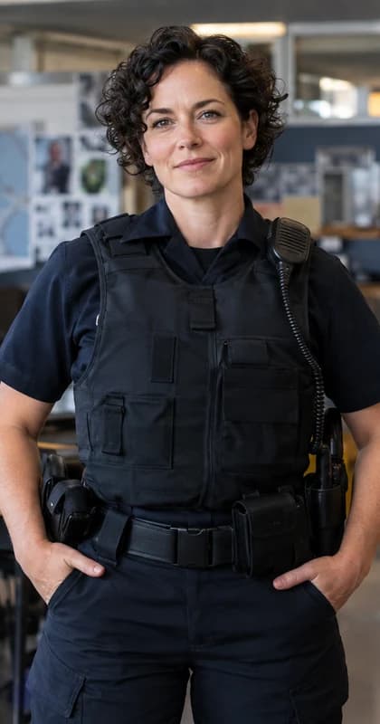 French Police Officer AI avatar presenter in a professional public safety setting