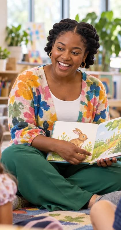 French Preschool Teacher AI avatar presenter in a professional education setting