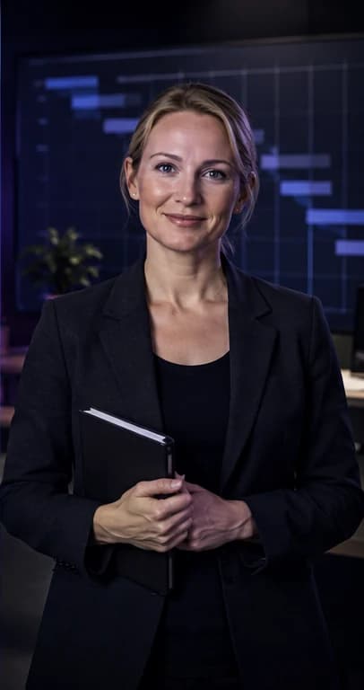 French Project Manager AI avatar presenter in a professional business setting
