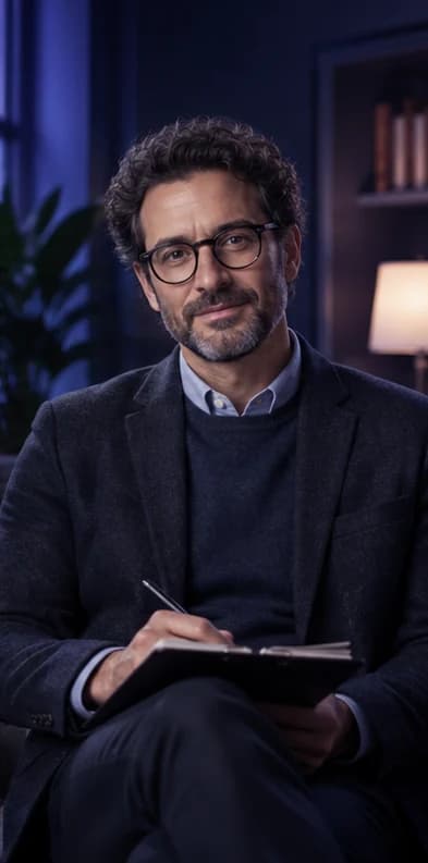 French Psychologist AI avatar presenter in a professional healthcare setting