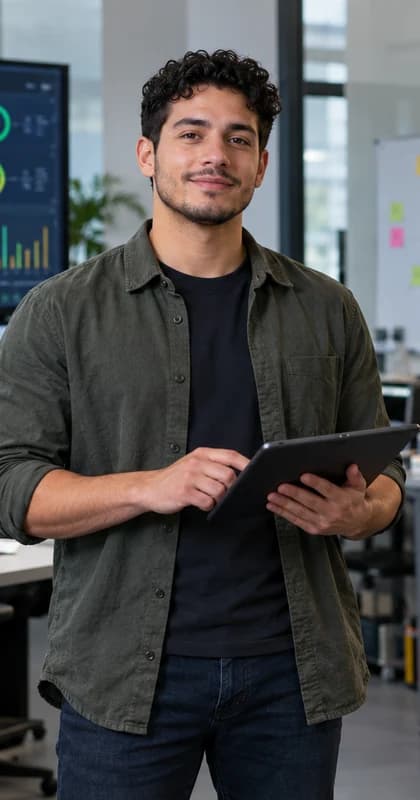 Chinese QA Engineer AI avatar presenter in a professional technology setting