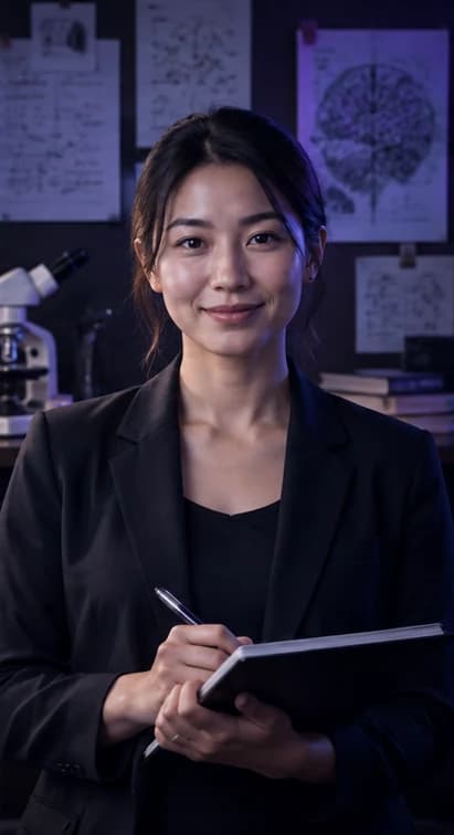 French Researcher AI avatar presenter in a professional science setting