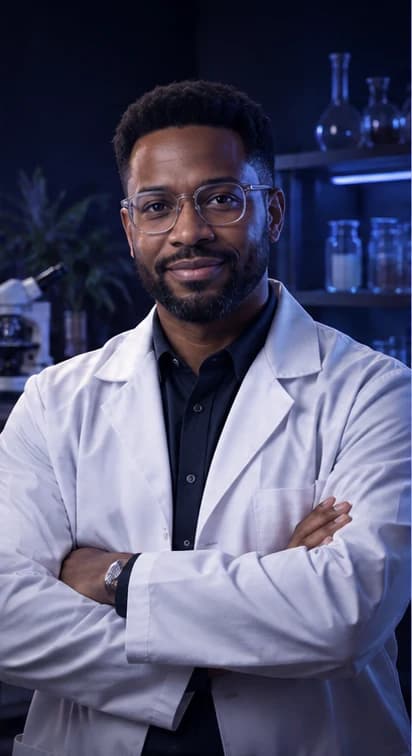 French Scientist AI avatar presenter in a professional science setting