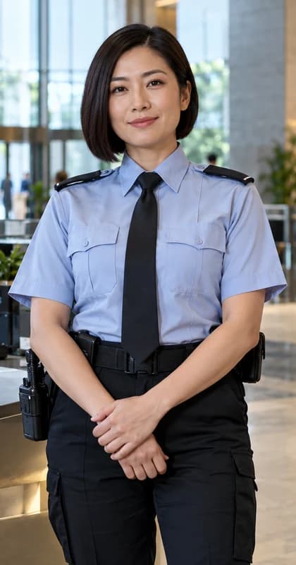 German Security Guard AI avatar presenter in a professional public safety setting