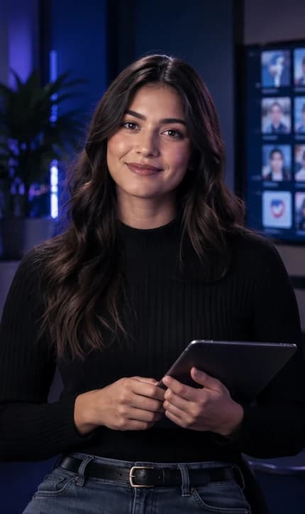 French Social Media Manager AI avatar presenter in a professional marketing setting