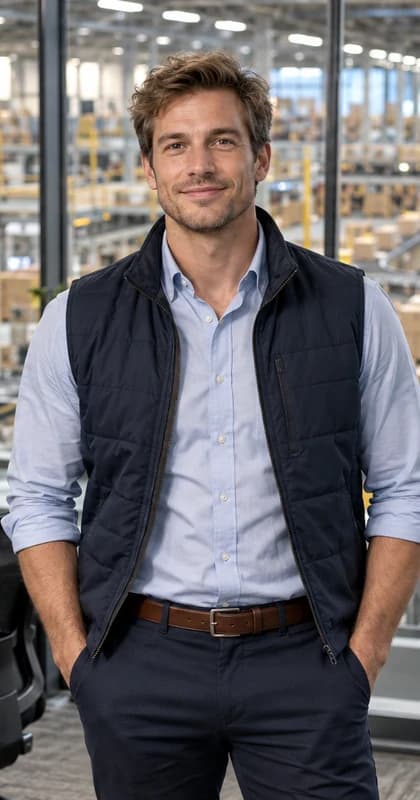French Supply Chain Manager AI avatar presenter in a professional business setting