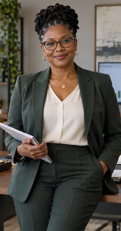 French Tax Consultant AI avatar presenter in a professional finance setting