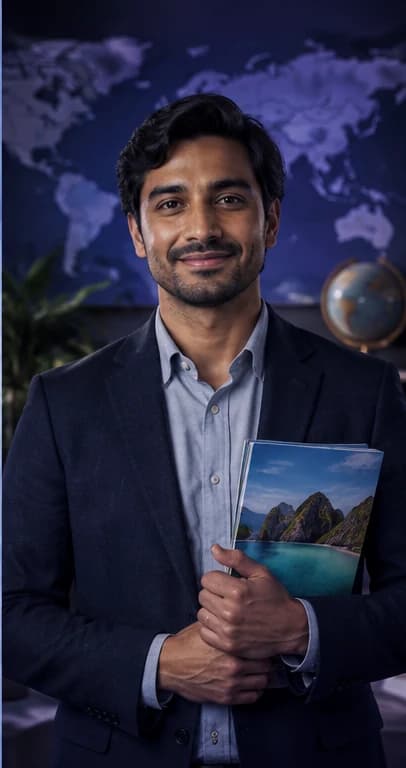 German Travel Agent AI avatar presenter in a professional hospitality setting