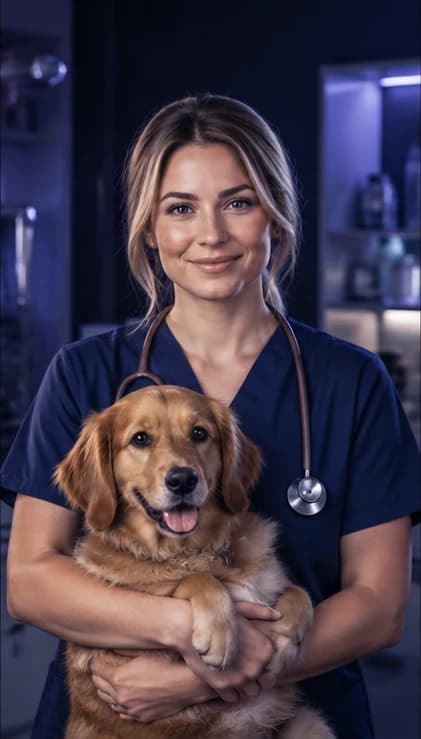 Chinese Veterinarian AI avatar presenter in a professional healthcare setting