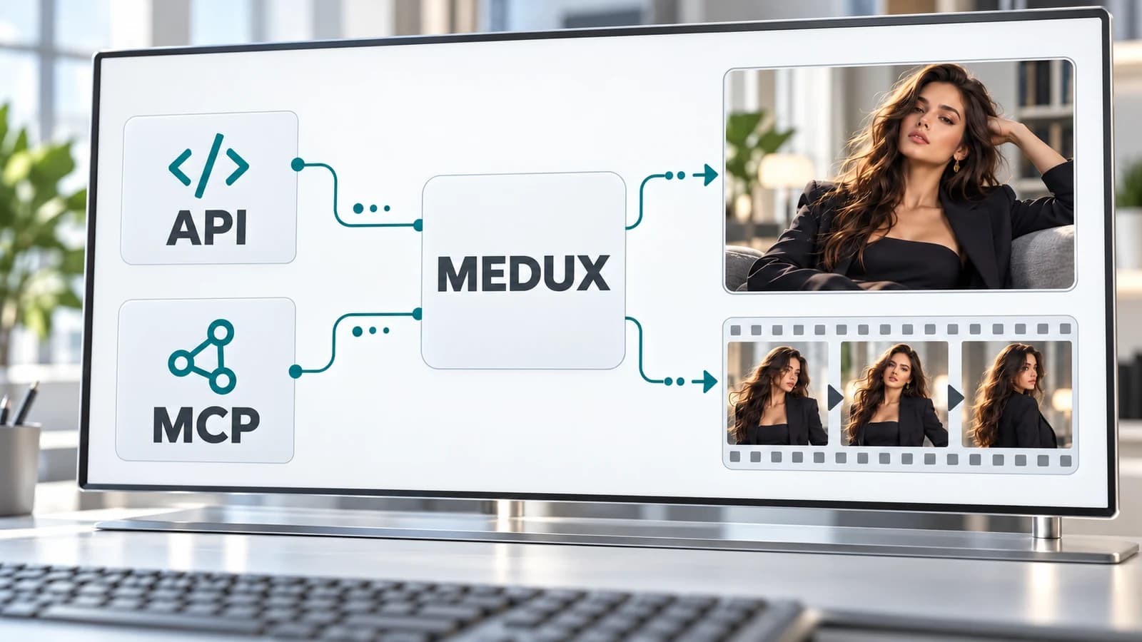 API and MCP inputs connect to MEDUX, then branch into generated portrait images and video frames