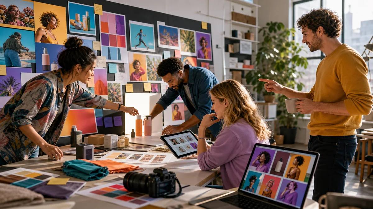 A four-person brand team arranging colorful campaign photography, product mockups, palette swatches, storyboards, and approved visual variants in a sunlit creative studio