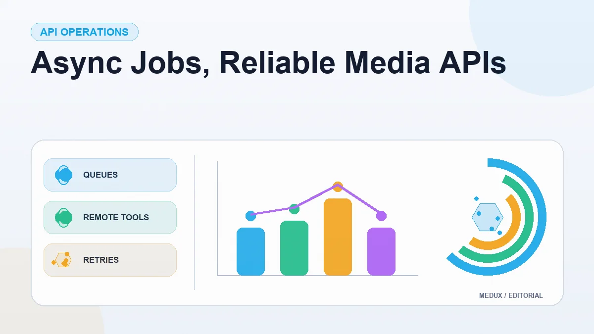 Light editorial report cover titled "Async Jobs, Reliable Media APIs" with summary cards, a bar chart, and visual indicators for queues, remote tools, retries, delivery
