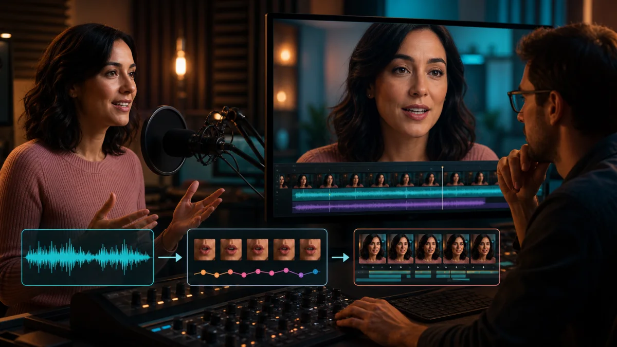 Creator aligning a presenter video with a voice waveform and natural mouth-shape timeline