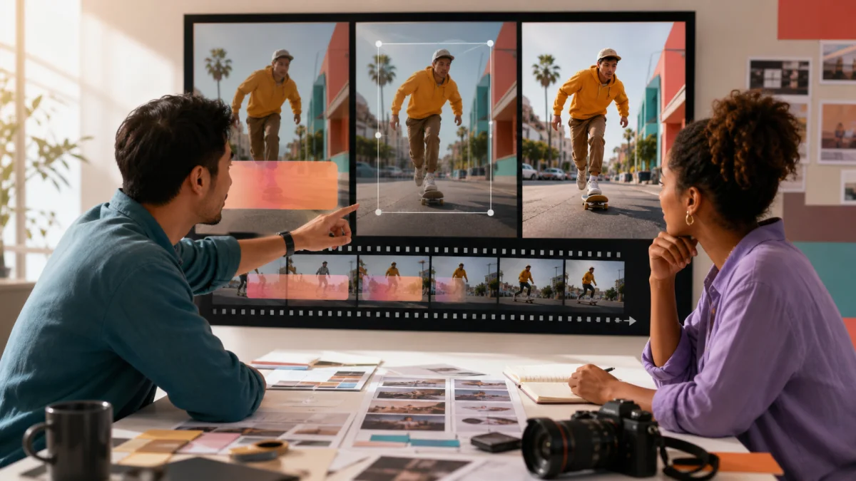 Marketing team creating several clean ad versions from authorized skateboard footage after removing a legacy overlay
