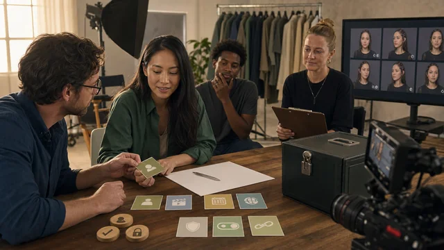 A performer and production team reviewing icon-based avatar consent cards, a blank release form, provenance controls, camera equipment, and approved avatar previews