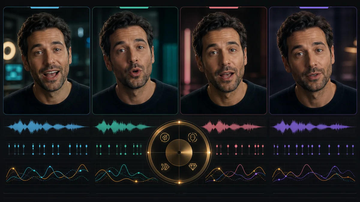 Four synchronized talking-video lanes with mouth timing graphs comparing AI lip sync tools