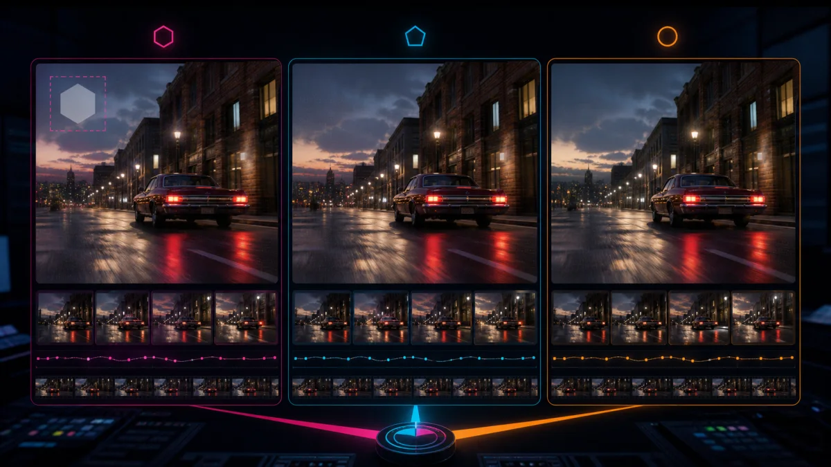 The same street video shown in three AI logo-removal lanes with different cleanup quality