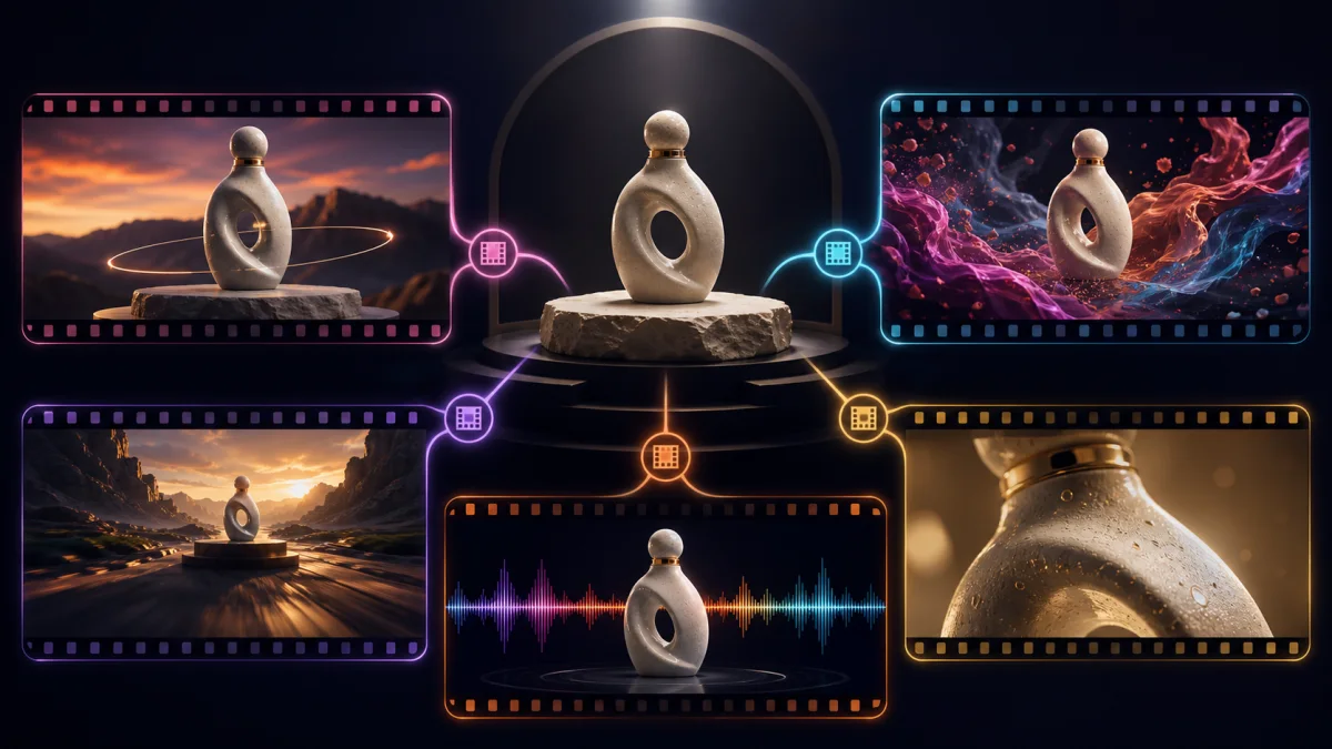 One source product image branching into five cinematic image-to-video results for a 2026 model comparison