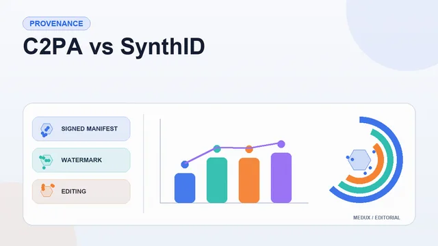 Light editorial report cover titled "C2PA vs SynthID" with summary cards, a bar chart, and visual indicators for signed manifest, watermark, editing, verification