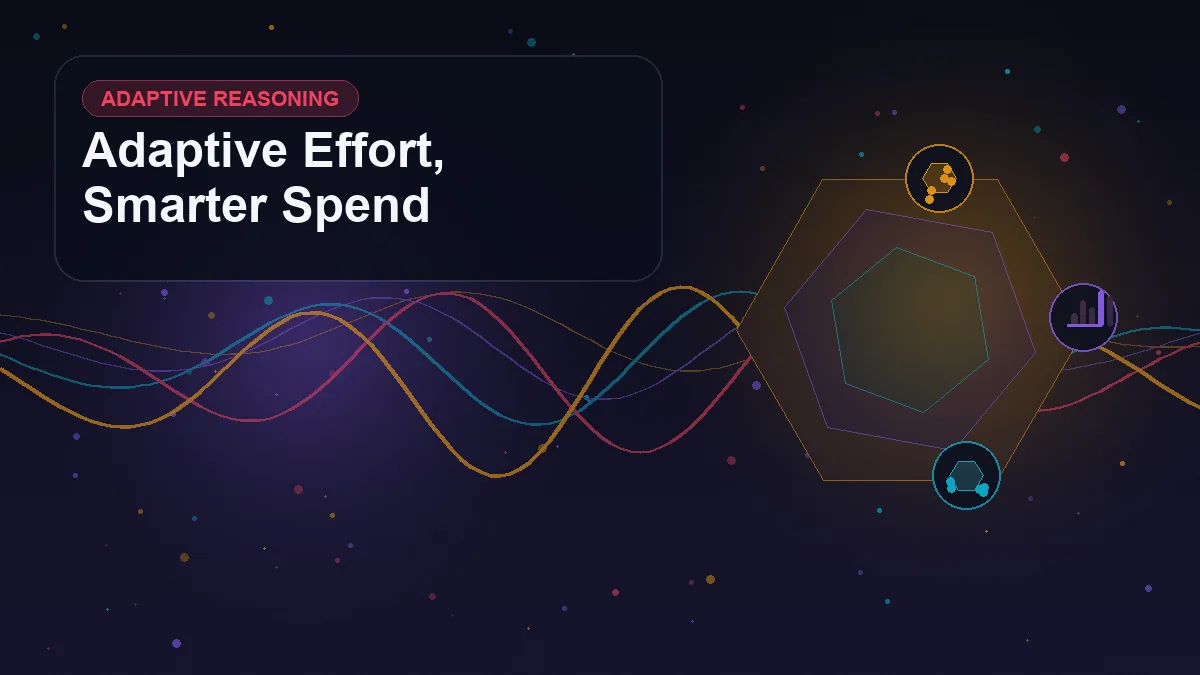 Abstract technology cover titled "Adaptive Effort, Smarter Spend" with layered waveforms, geometric signals, and symbols for effort, cost, reasoning, tools
