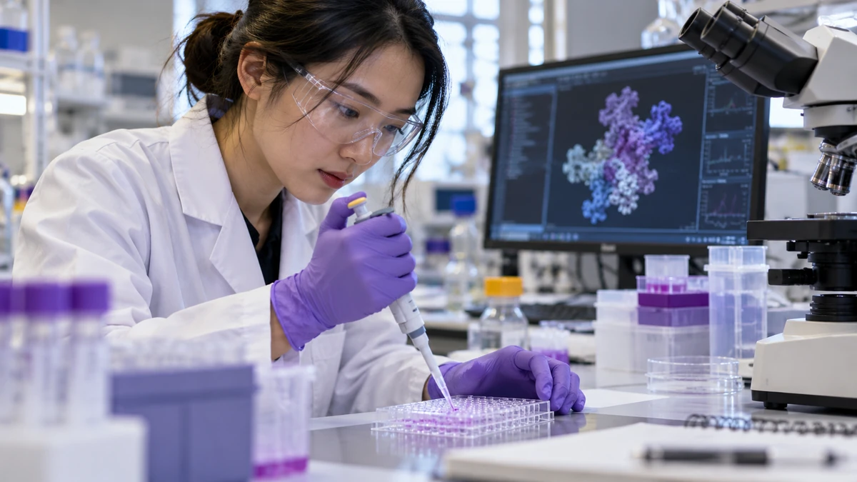 A scientist using a pipette and microplate for laboratory research.