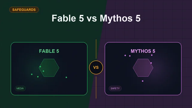 Split editorial cover titled "Fable 5 vs Mythos 5", comparing FABLE 5 and MYTHOS 5 across policy, tools, media, safety